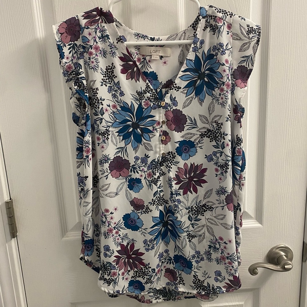 LOFT White, Purple, and Blue Floral Shirt (size small)